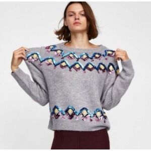 Zara Knit Women's Sweater Gray Color Raglan Long Sleeve With Sequin Decoration L